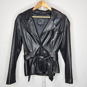 Tannery West Black Leather Jacket Women’s Belted Blazer‎ Style Button Front Med
